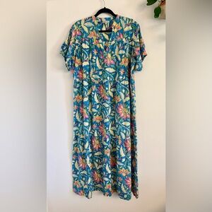 Blue Floral V-Neck Short-Sleeve Maxi Dress